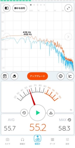 Noise-level check at Studio JG showing 55.2 dB