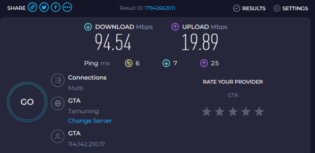 Measured internet speed at Studio JG (screenshot)
