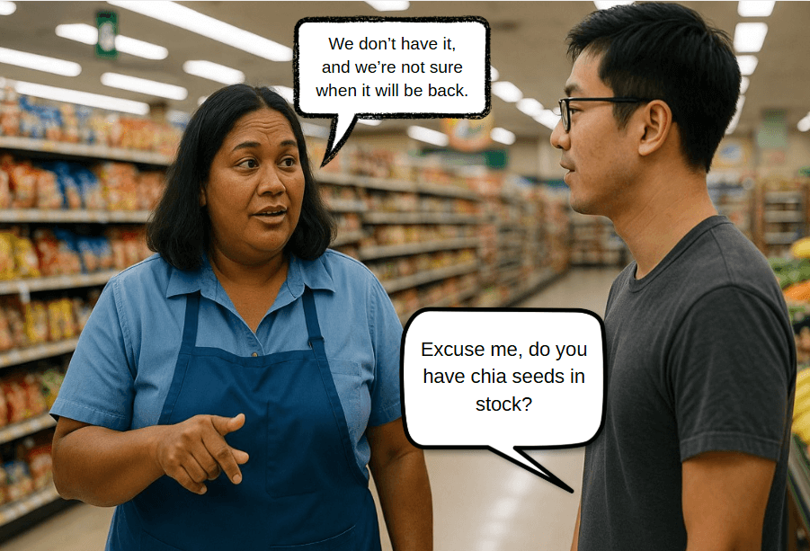 The conversation between me and a market staff member at payless at Micronesia mall. 