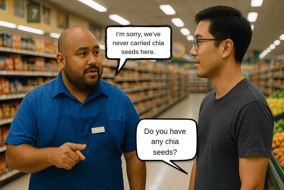 The conversation between me and a market staff member at happy mart.