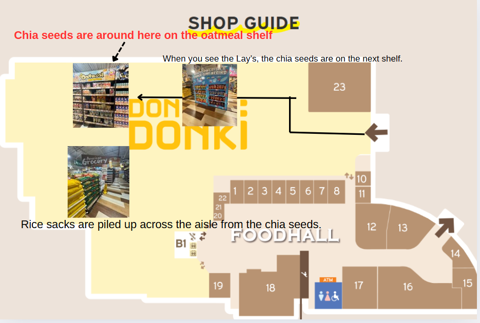 Floor map of Donki. You can find chia seeds here.