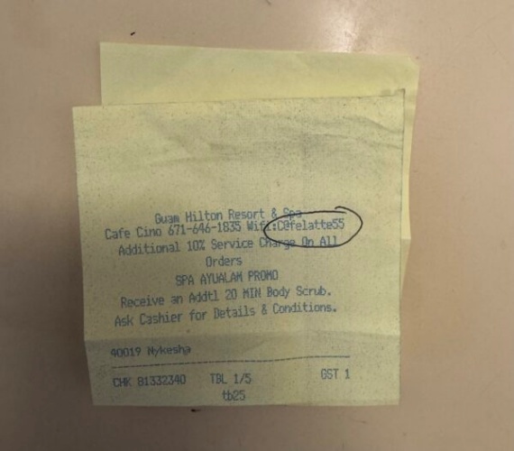 Wi-Fi password printed on Hilton receipt
