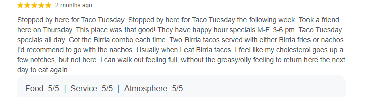 BIRRIA COMBO が一押しですとおすすめしているコメント。