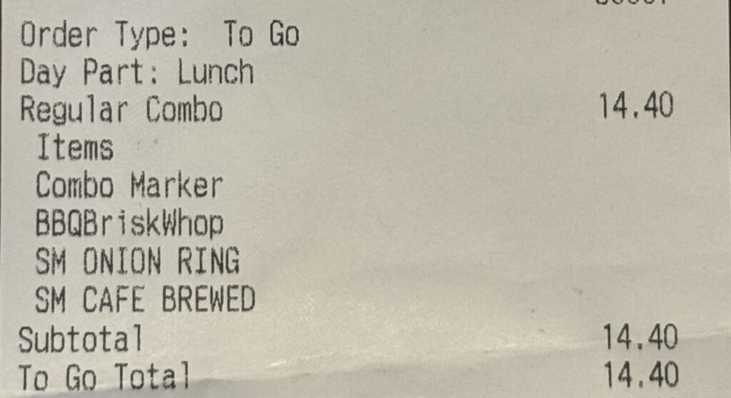 バーガーキングのグアムタモンセンターでBBQブリスケットコンボを購入した時のレシートです、