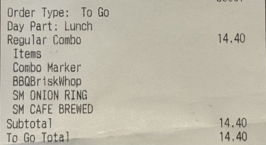 バーガーキングのグアムタモンセンターでBBQブリスケットコンボを購入した時のレシートです。