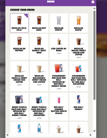 グアムのジャックインザボックスで注文できるメニューです。オンラインからドリンクメニュー