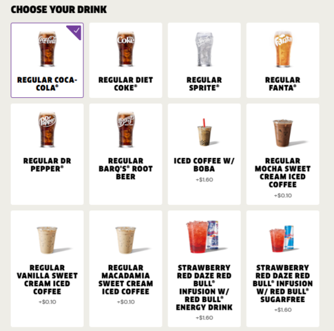 グアムのジャックインザボックスで注文できるメニューです。タッチパネルです。ドリンクを選びます