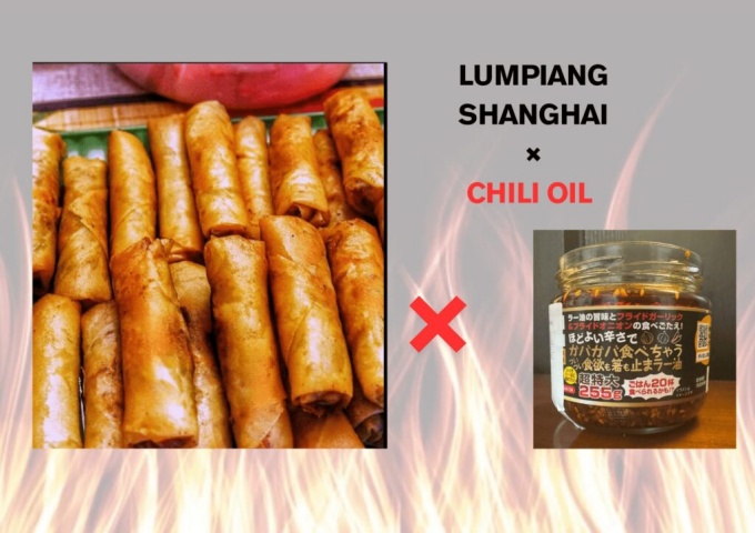 Fried lumpia with a chili oil and vinegar dipping sauce