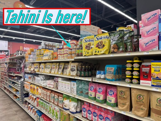 This is where tahini is located — top shelf of Aisle 3.