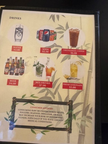 Drink menu at Queen Bee including Vietnamese coffee