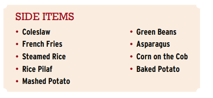 リブかステーキ、チキンステーキなどの注文はサイドメニューから2つ選びます。